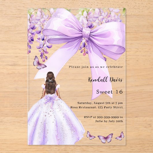Lavendel Bogen Blumenkleid Sweet 16 clear Acryleinladungen (Vorderseite)