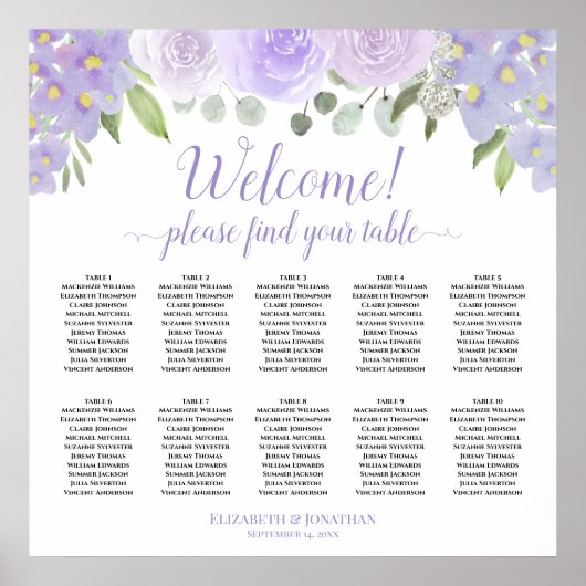 Lavendel Boho Rose 10 Tabelle Hochzeitskarte Poster (Vorne)