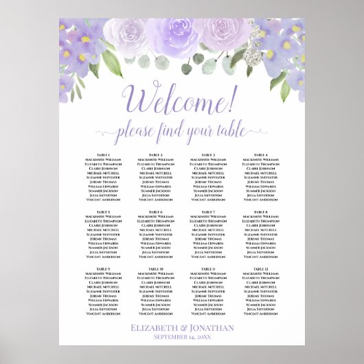Lavendel Boho Rose 12 Tabelle Hochzeitstabelle Poster (Vorne)