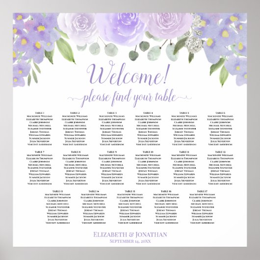Lavendel Boho Rose 17 Tabelle Hochzeitstabelle Poster (Vorne)