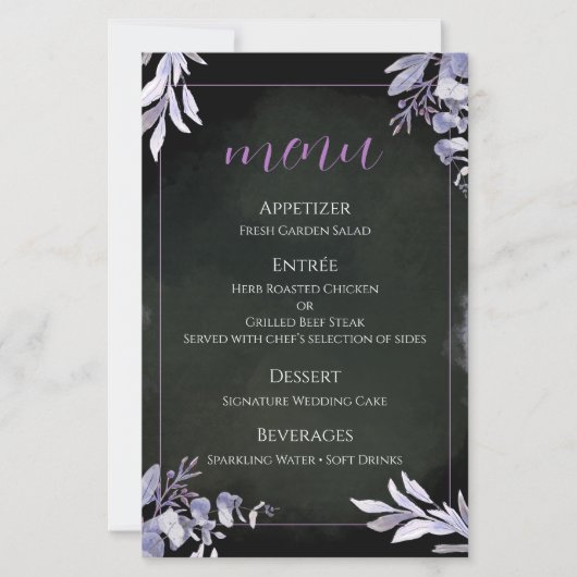 Lavendel-Botanik-Hochzeitsmenükarte (Vorderseite)