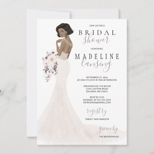 Lavendel Bride in Lace Gown Brautparty Einladung (Vorderseite)