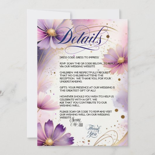 Lavendel Cosmos Blume QR Code Detailkarte Einladung (Vorderseite)