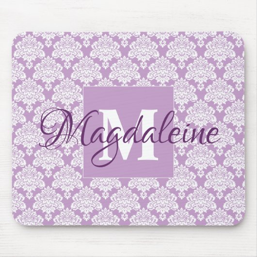 Lavendel Damask Maus-Pad mit Monogramm und Name Mousepad (Vorne)
