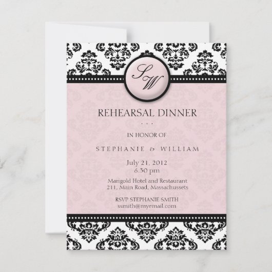 Lavendel Damask Monogram Probe Dinner Card Einladung (Vorderseite)