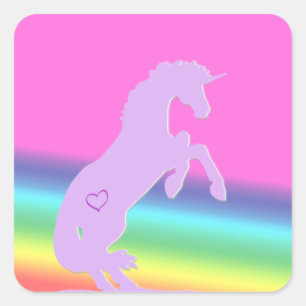 Lavendel-Einhorn-Silhouette (Regenbogenuntergrund) Quadratischer Aufkleber