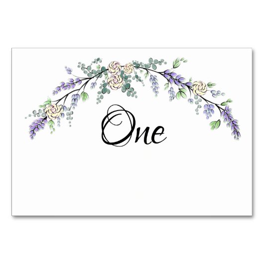 Lavendel Elfenbeinrose und Eukalyptus Tischnummer (Vorderseite)