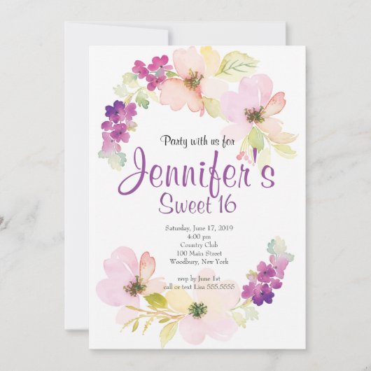 Lavendel erröten Blumeneinladung des bonbon-16 Einladung (Vorderseite)