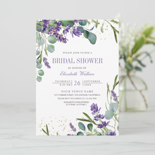 Lavendel Eucalyptus Foto QR Code Brautparty Einladung (Stehend Vorderseite)