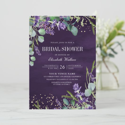 Lavendel Eucalyptus QR Code Lila Brautparty Einladung (Stehend Vorderseite)