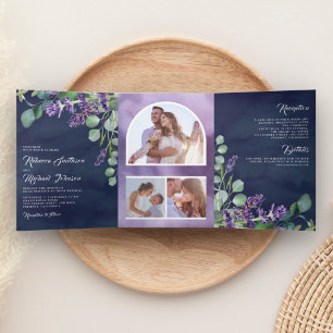 Lavendel-Eukalyptus-Foto-Tor Navy Blau Hochzeit Dreifach Gefaltete Einladung