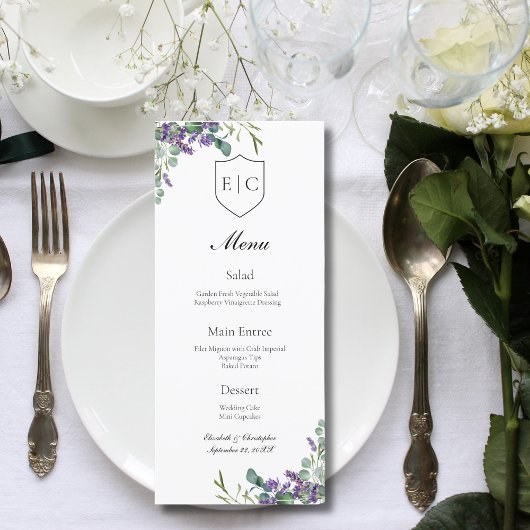 Lavendel-Eukalyptus-Monogramm-Hochzeitsmenü