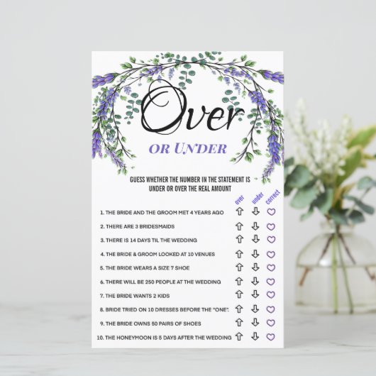 Lavendel Eukalyptus Over under Brautparty Game (Stehend Vorderseite)