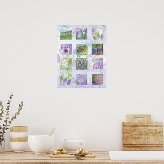 Lavendel Fields Wasserfarben Blume Collage Art Poster (Küche)