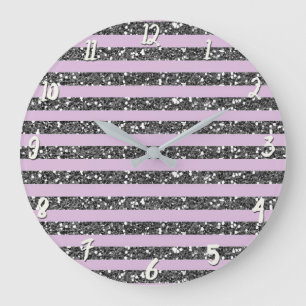 Lavendel Flieder Lila Silber Glitter Streifen Große Wanduhr