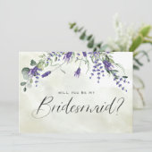 Lavendel Floral Aquarellschrift Bridesmaid Einladung (Stehend Vorderseite)