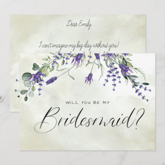 Lavendel Floral Aquarellschrift Bridesmaid Einladung (Vorne/Hinten)