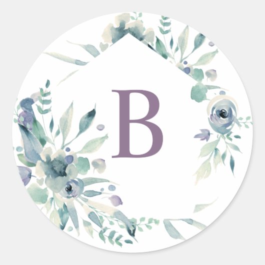 Lavendel Floral Watercolor Wreath Monogramm Runder Aufkleber (Vorderseite)