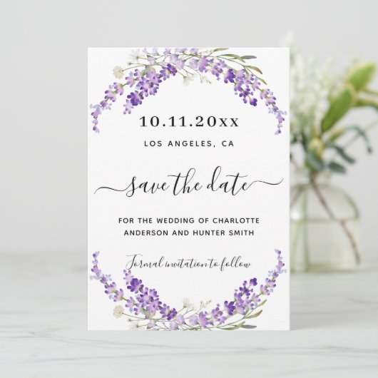 Lavendel florale Hochzeit speichern das Datum Save The Date (Stehend Vorderseite)