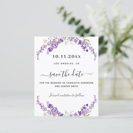 Lavendel Florals Hochzeit speichern Sie die Dattel (Stehend Vorderseite)
