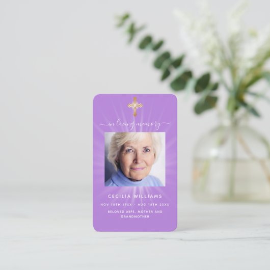 Lavendel-Foto-Cross-Beerdigungskarte Visitenkarte (Stehend Vorderseite)
