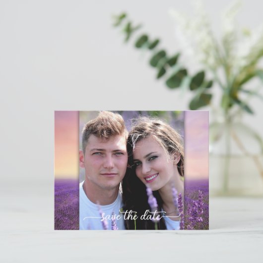 Lavendel Foto QR Code Save the Date Karte (Stehend Vorderseite)