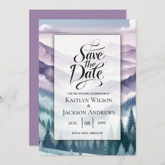 Lavendel Frost bei der Alpennebel-Hochzeit Save The Date (Vorne/Hinten)