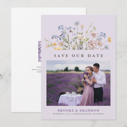 Lavendel-Frühlings-Wildblumenwiese-Garten-QR-Code Save The Date (Vorne/Hinten)