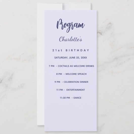 Lavendel Geburtstagsprogramm Dinner Karte (Vorderseite)