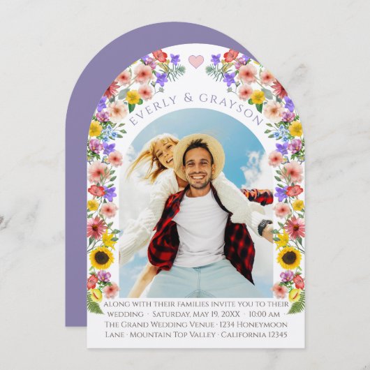 Lavendel & Gelb Elegance Foto Wildblume Einladung (Vorne/Hinten)