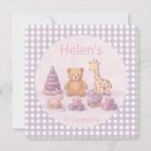 Lavendel-Gingham 1. Geburtstag Dankeskarte (Vorderseite)