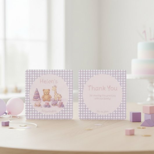 Lavendel-Gingham 1. Geburtstag Dankeskarte