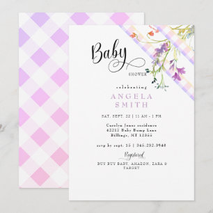 Lavendel-Gingham-Wildblumen-Baby-Party Einladung