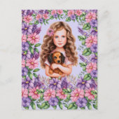 Lavendel Girl mit Dackel Puppy Postkarte (Vorderseite)