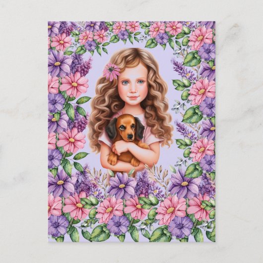 Lavendel Girl mit Dackel Puppy Postkarte (Vorderseite)