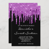 Lavendel Glitzer Foil Tropfen Black 16 . Geburtsta Einladung (Vorne/Hinten)