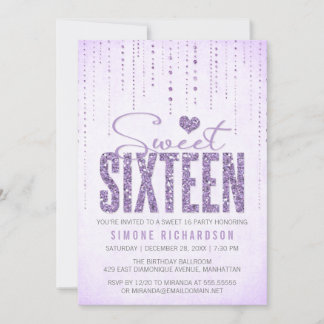 Lavendel Glitzer Look Sweet 16 (sechzehn) Party Einladung