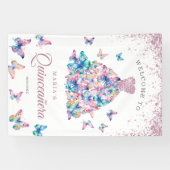 Lavendel Glitzer Pink Butterfly Gown Quinceañera Banner (Horizontal)