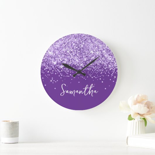 Lavendel Glitzer Royal Lila Skriptname Große Wanduhr (Zuhause)