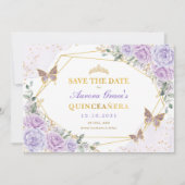 Lavendel Gold Rose Quinceanera Save the Date Ankündigung (Vorderseite)