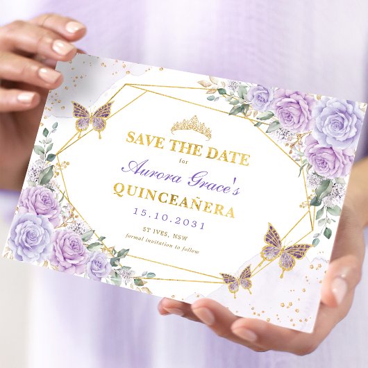 Lavendel Gold Rose Quinceanera Save the Date Ankündigung