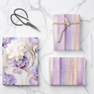 Lavendel-Gold-Streifen Schwertlilien-Blumen-Jungge Geschenkpapier Set