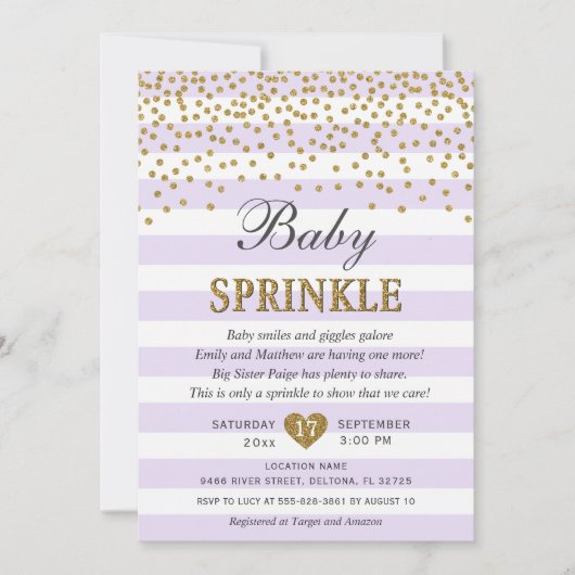 Lavendel Gold Stripe Confetti Baby Girl Sprinkle Einladung (Vorderseite)