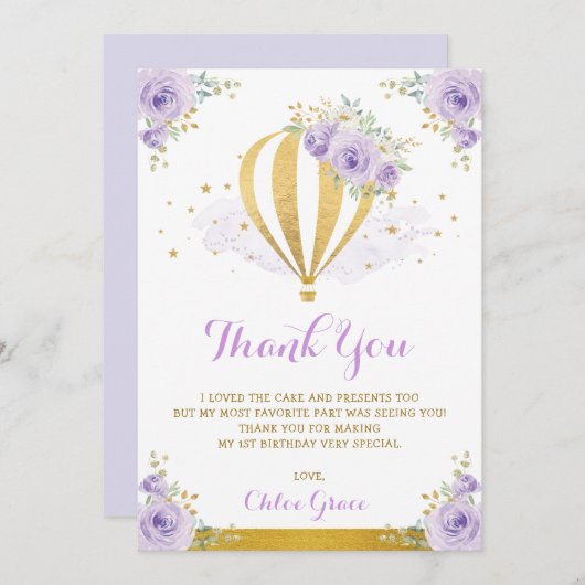 Lavendel-Goldmit blumenheißluft-Ballon-Geburtstag Dankeskarte (Vorne/Hinten)