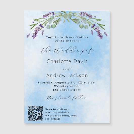 Lavendel grüne blaue QR-Code Luxushochzeit Magneteinladung (Vorderseite)