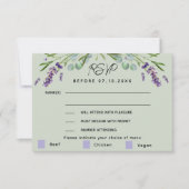 Lavendel grüne Hochzeitsmenü Antwort RSVP Karte (Vorderseite)