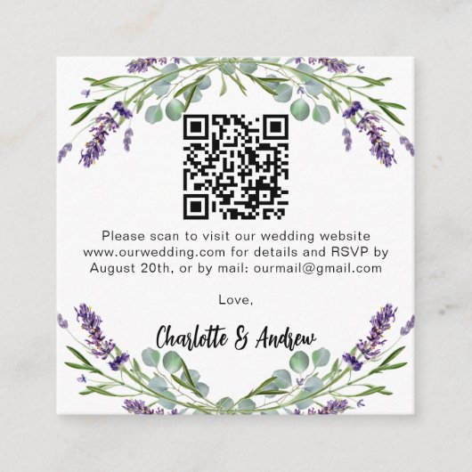 Lavendel Grüne QR Code Hochzeit RSVP Begleitkarte (Vorderseite)