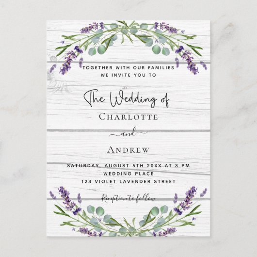 Lavendel Grünholz QR Code Hochzeit Einladungspostkarte (Vorderseite)