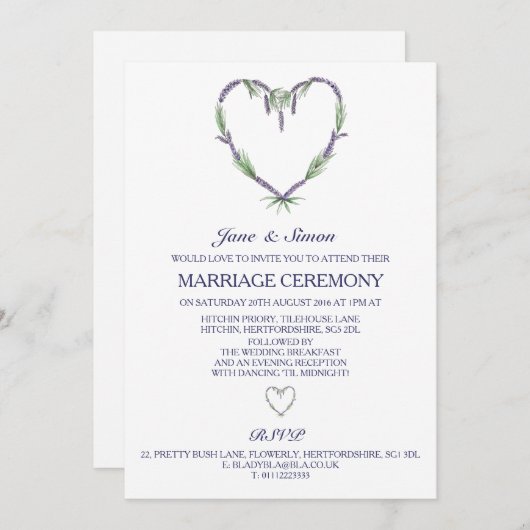 Lavendel-Herz-Hochzeits-Einladung Einladung (Vorne/Hinten)