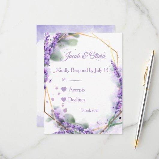 Lavendel-Hochzeitskarten RSVP Karte (Vorderseite/Rückseite Beispiel)